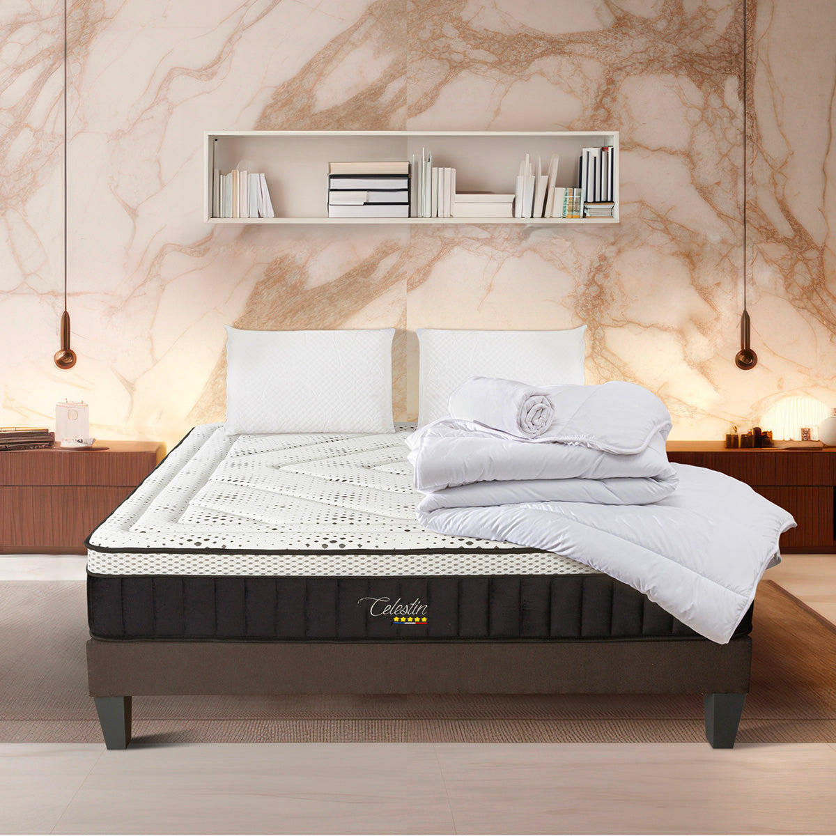 Prêt-à-dormir CÉLESTIN 2.0 avec Sommier, Couette, Oreillers et Protège-matelas
