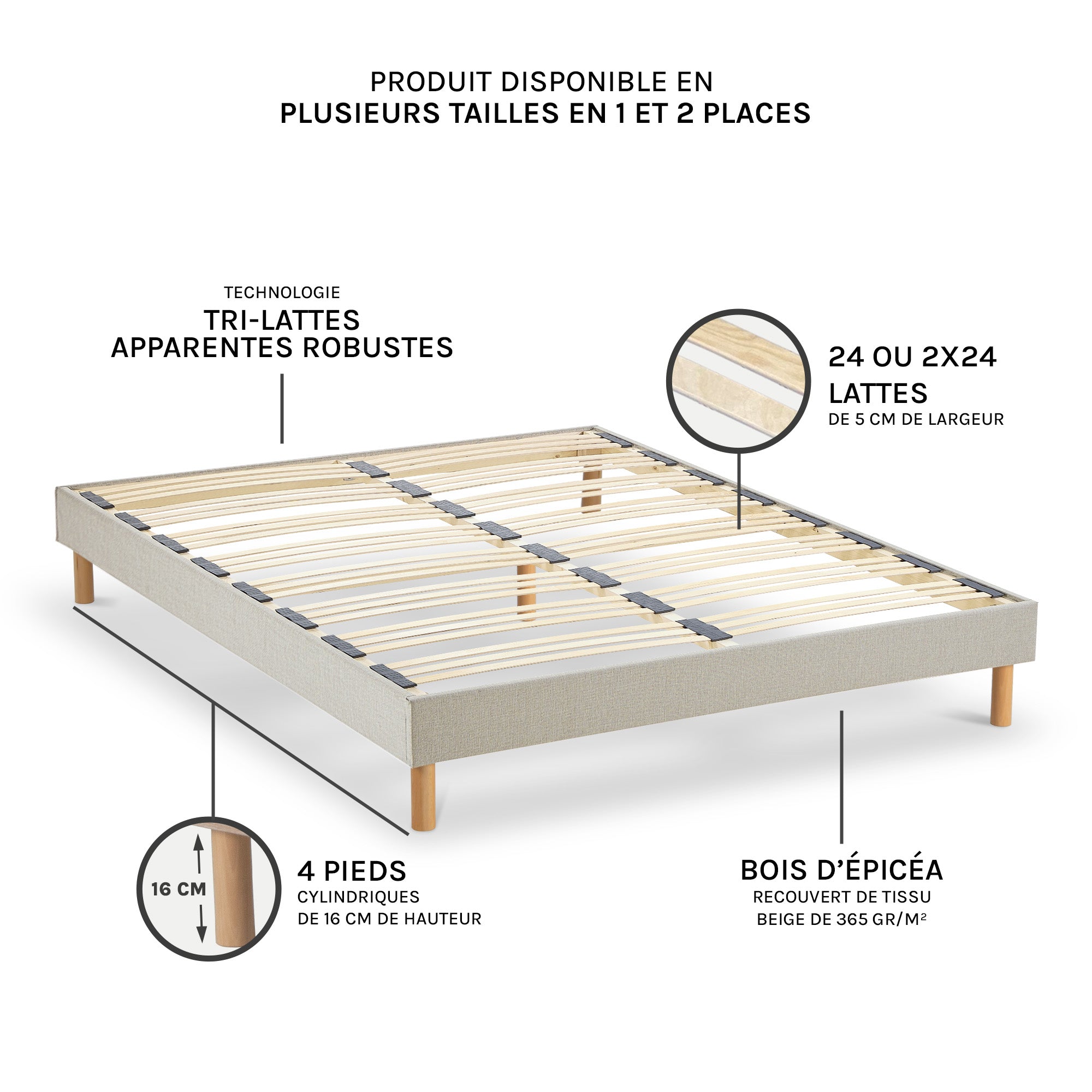 Sommier À Lattes Tissu LINO