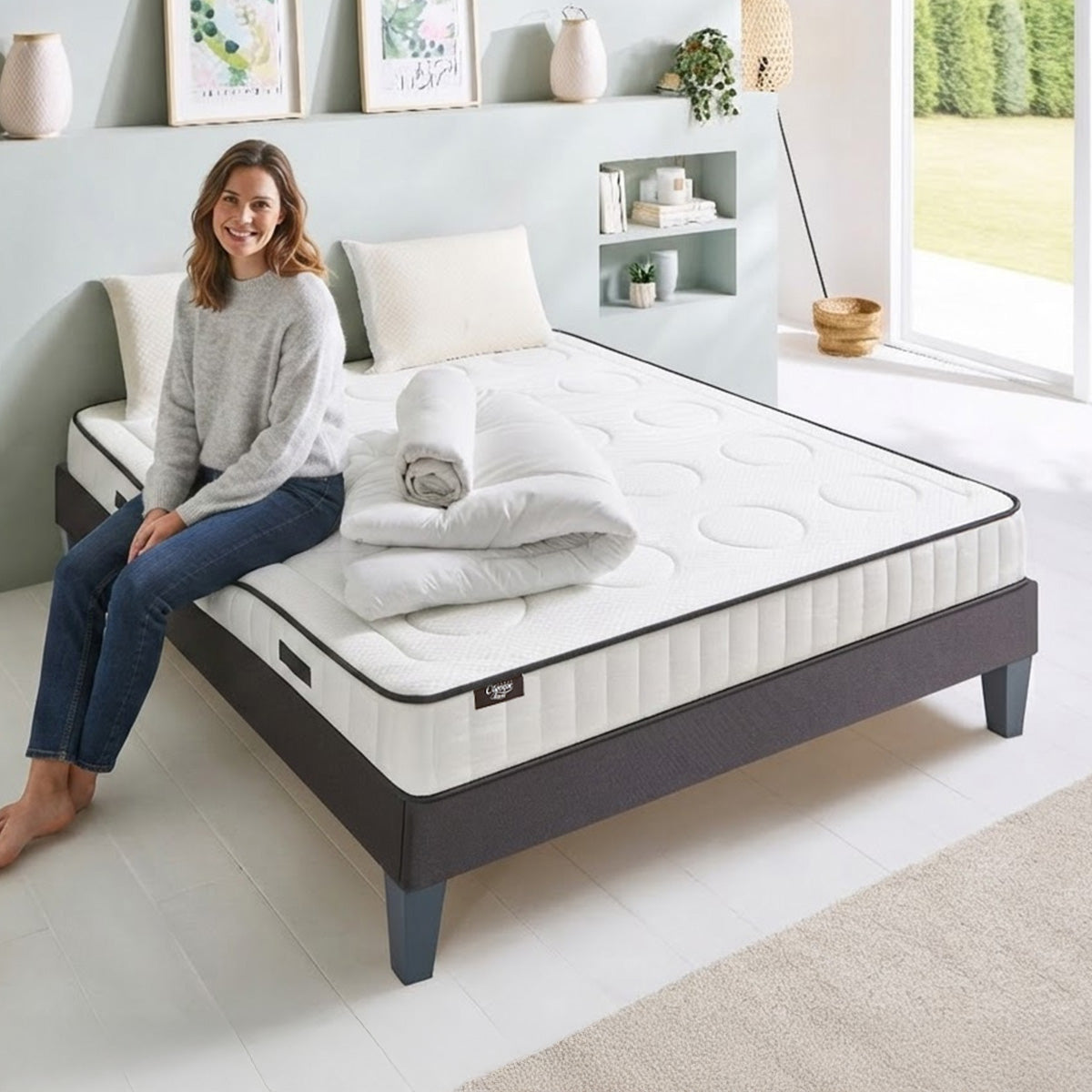 Pack prêt à dormir Cristal - Matelas + Sommier + Couette, oreillers, protège-matelas - 18 cm d'épaisseur