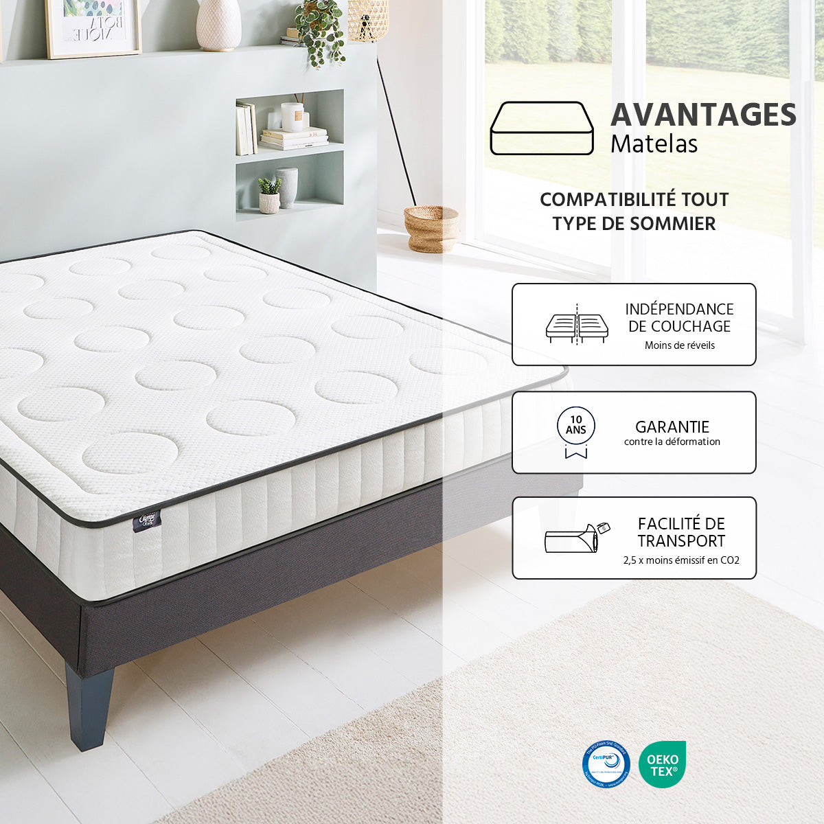 Ensemble Cristal - Matelas mémoire de forme + Sommier tri-lattes - 18 cm d'épaisseur - Accueil équilibré, soutien ferme