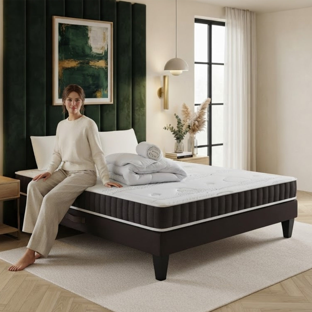 Pack prêt à dormir Intuition - Matelas + Sommier + Couette, oreillers, protège-matelas - 15 cm d'épaisseur