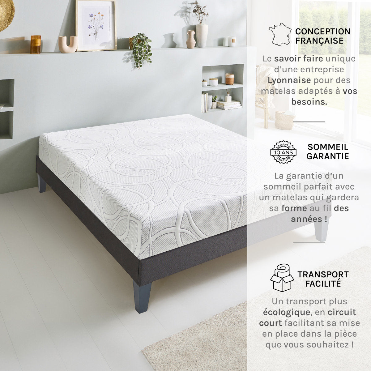 Matelas Eupraxie - Mémoire de forme + gel - 7 zones de confort - Fabriqué en France - 21 cm d'épaisseur