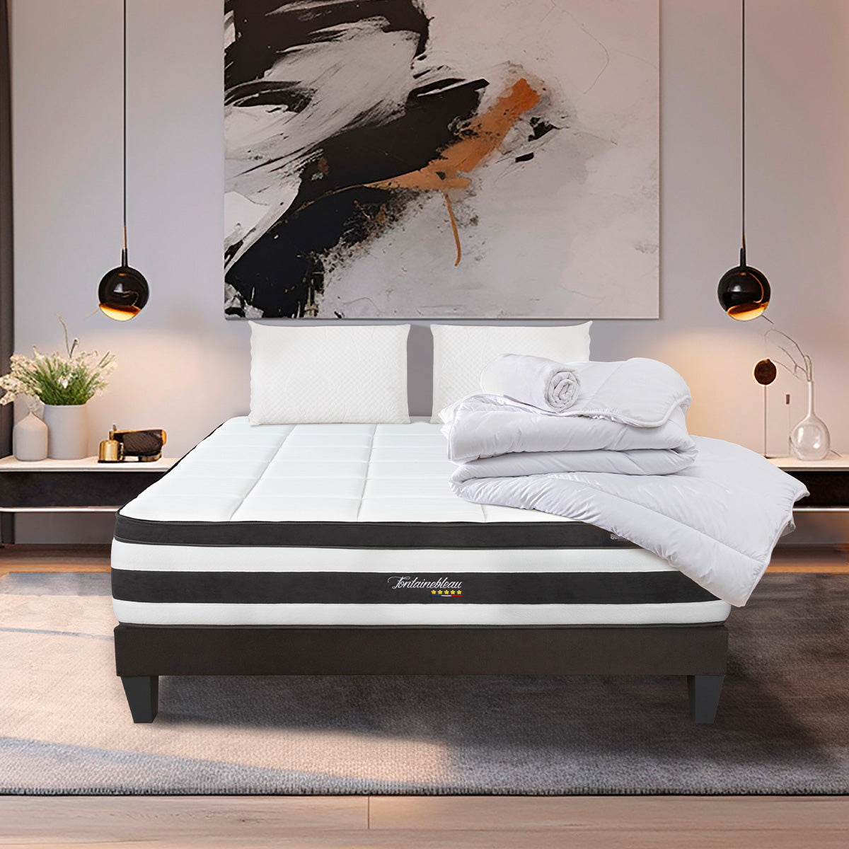 Prêt-à-dormir FONTAINEBLEAU avec Sommier, Couette, Oreillers et Protège-matelas