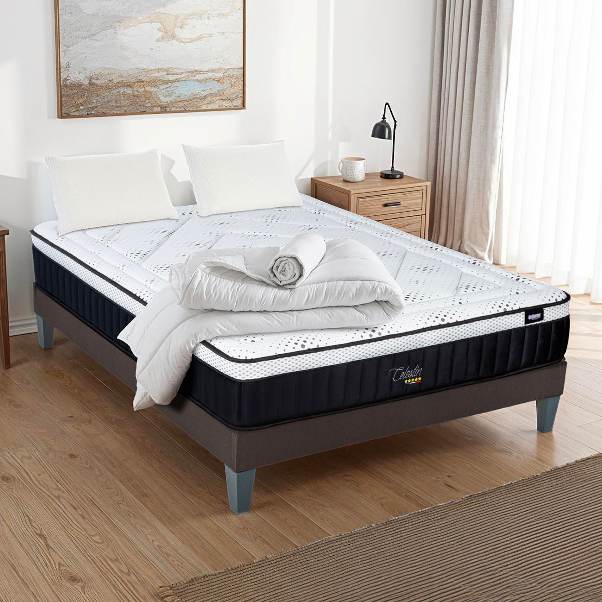 Prêt-à-dormir CÉLESTIN 2.0 avec Sommier, Couette, Oreillers et Protège-matelas