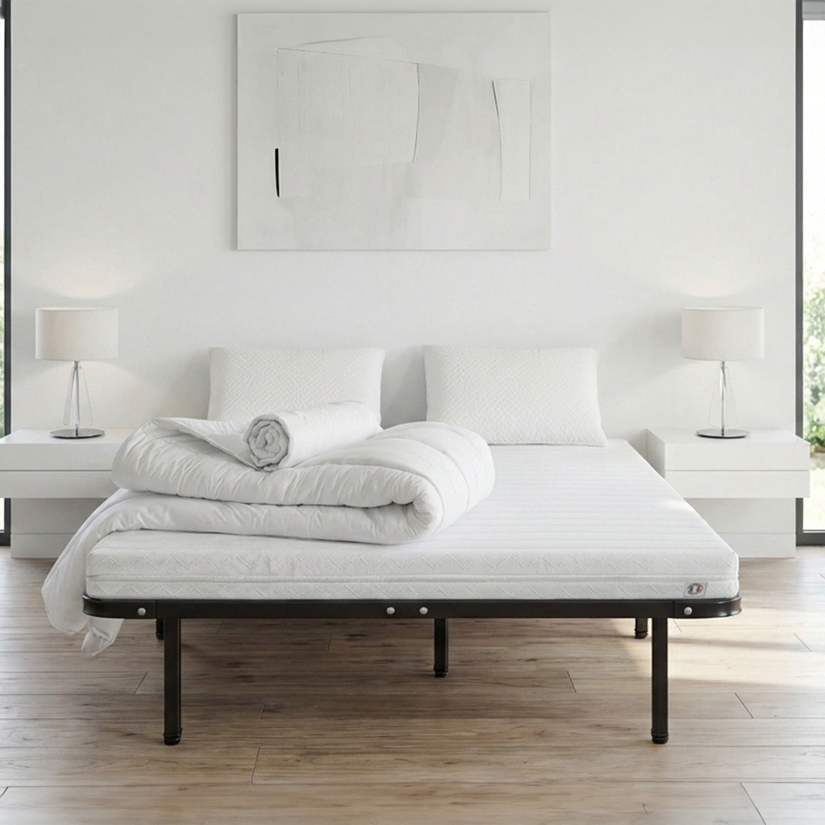 Prêt-à-dormir EGIO avec Cadre à lattes, Couette, Oreillers et Protège-matelas
