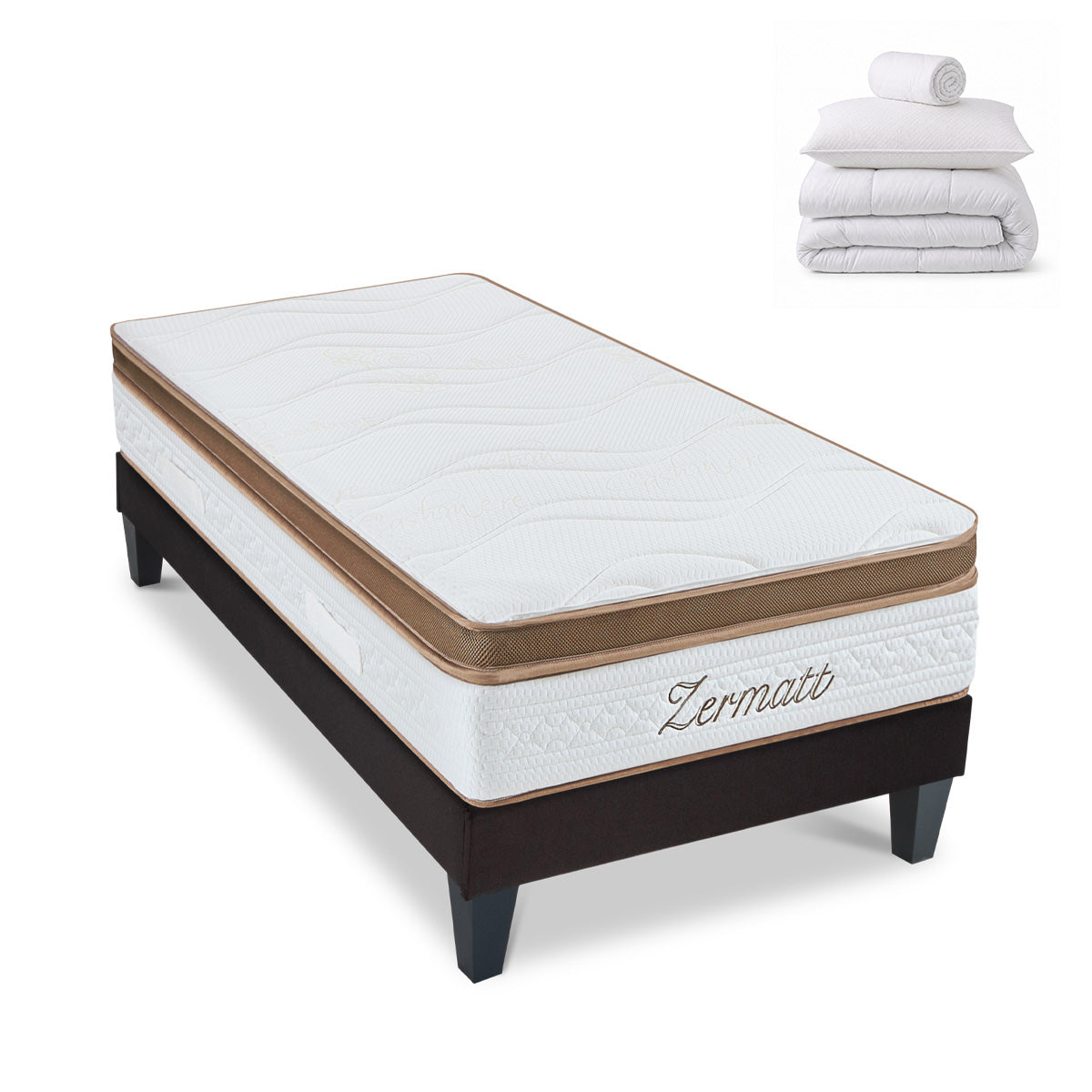 Pack prêt à dormir Zermatt - Matelas + Sommier + Couette, oreillers, protège-matelas - 31 cm d'épaisseur