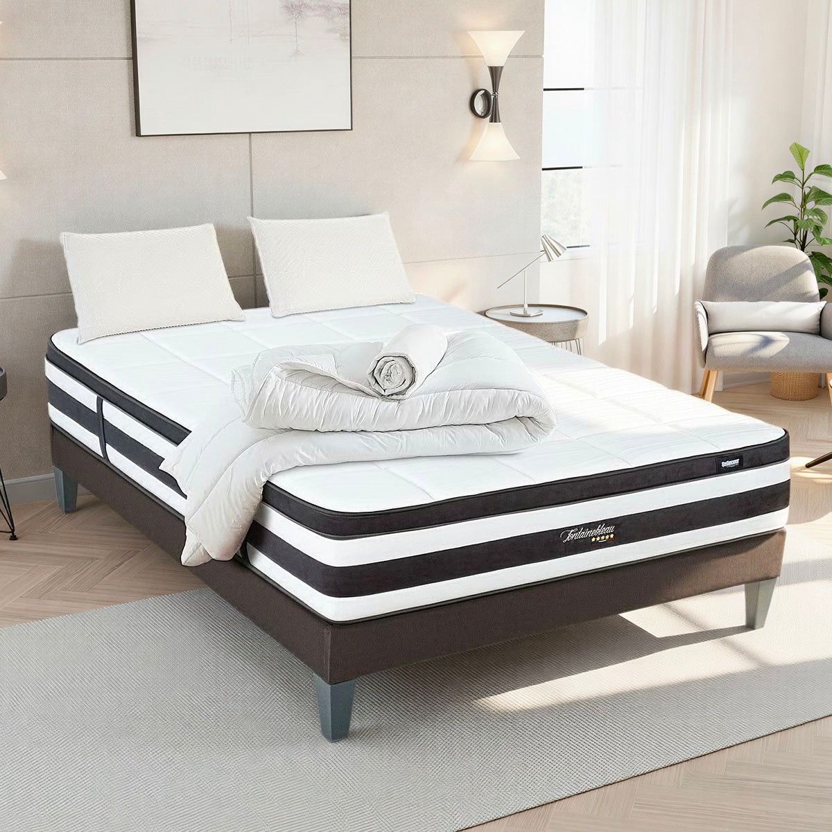 Prêt-à-dormir FONTAINEBLEAU avec Sommier, Couette, Oreillers et Protège-matelas
