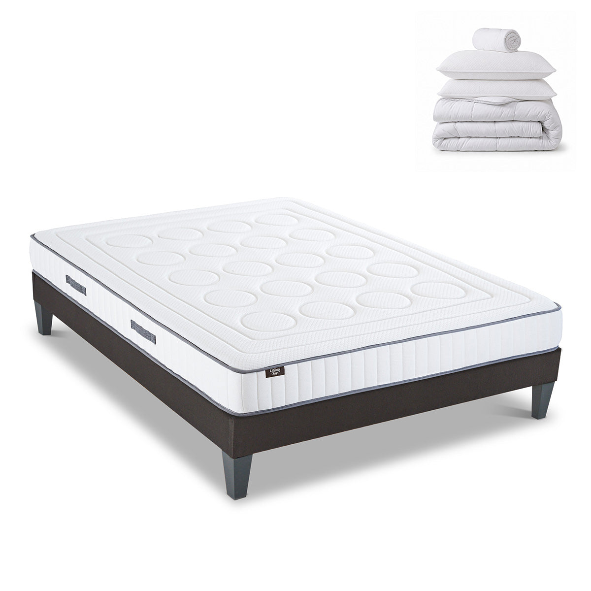Pack prêt à dormir Cristal - Matelas + Sommier + Couette, oreillers, protège-matelas - 18 cm d'épaisseur