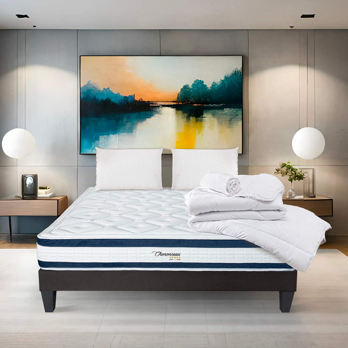 Prêt-à-dormir CHENONCEAU avec Sommier, Couette, Oreillers et Protège-matelas