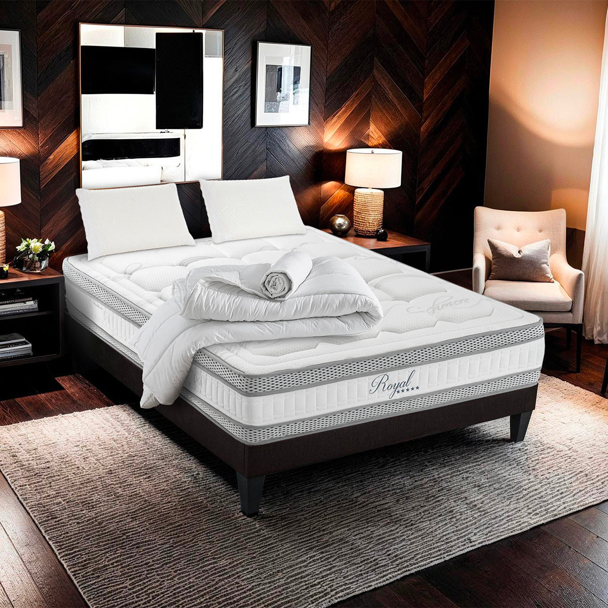 Pack Prêt à dormir ROYAL 5*Matelas Mémoire de forme + Sommier + Accessoires