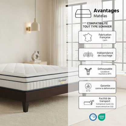 Ensemble Bartoldi - Matelas ressorts ensachés + Sommier bois - 22 cm d'épaisseur - Accueil équilibré, soutien ferme