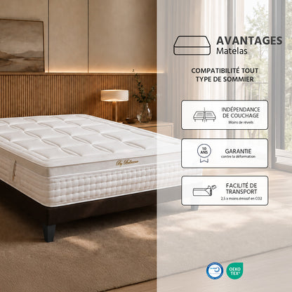 Matelas Empereur - Mémoire de forme + gel frais - Moelleux puis ferme - Fabriqué en France - 33 cm d'épaisseur