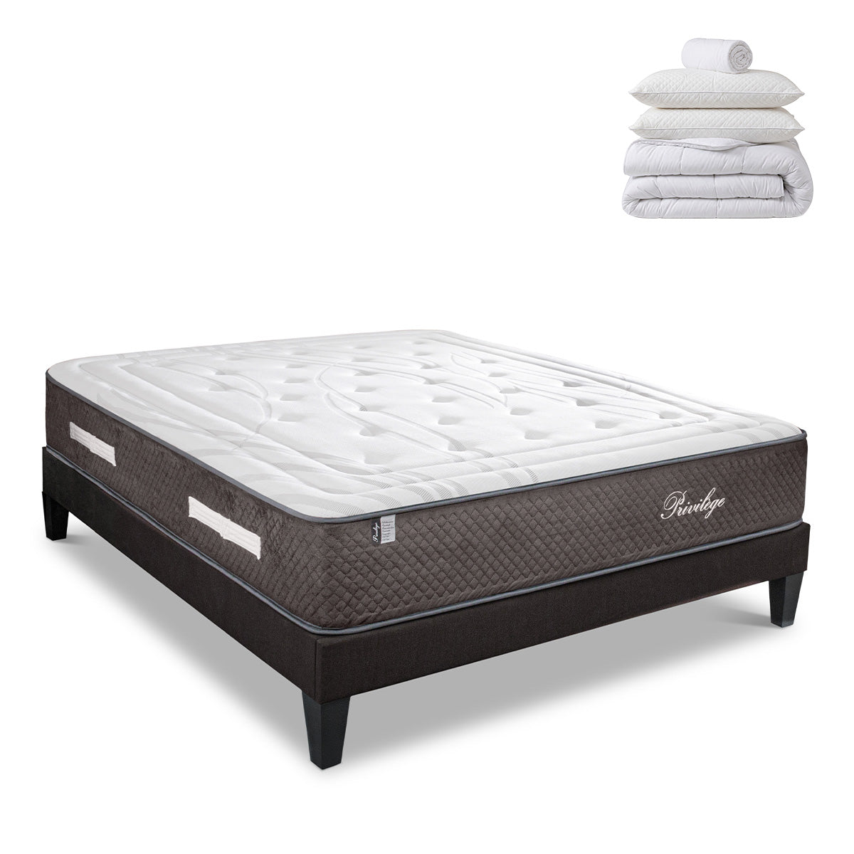 Pack prêt à dormir Privilège - Matelas + Sommier + Couette, oreillers, protège-matelas - 30 cm d'épaisseur