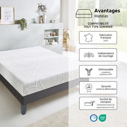 Matelas Eupraxie - Mémoire de forme + gel - 7 zones de confort - Fabriqué en France - 21 cm d'épaisseur