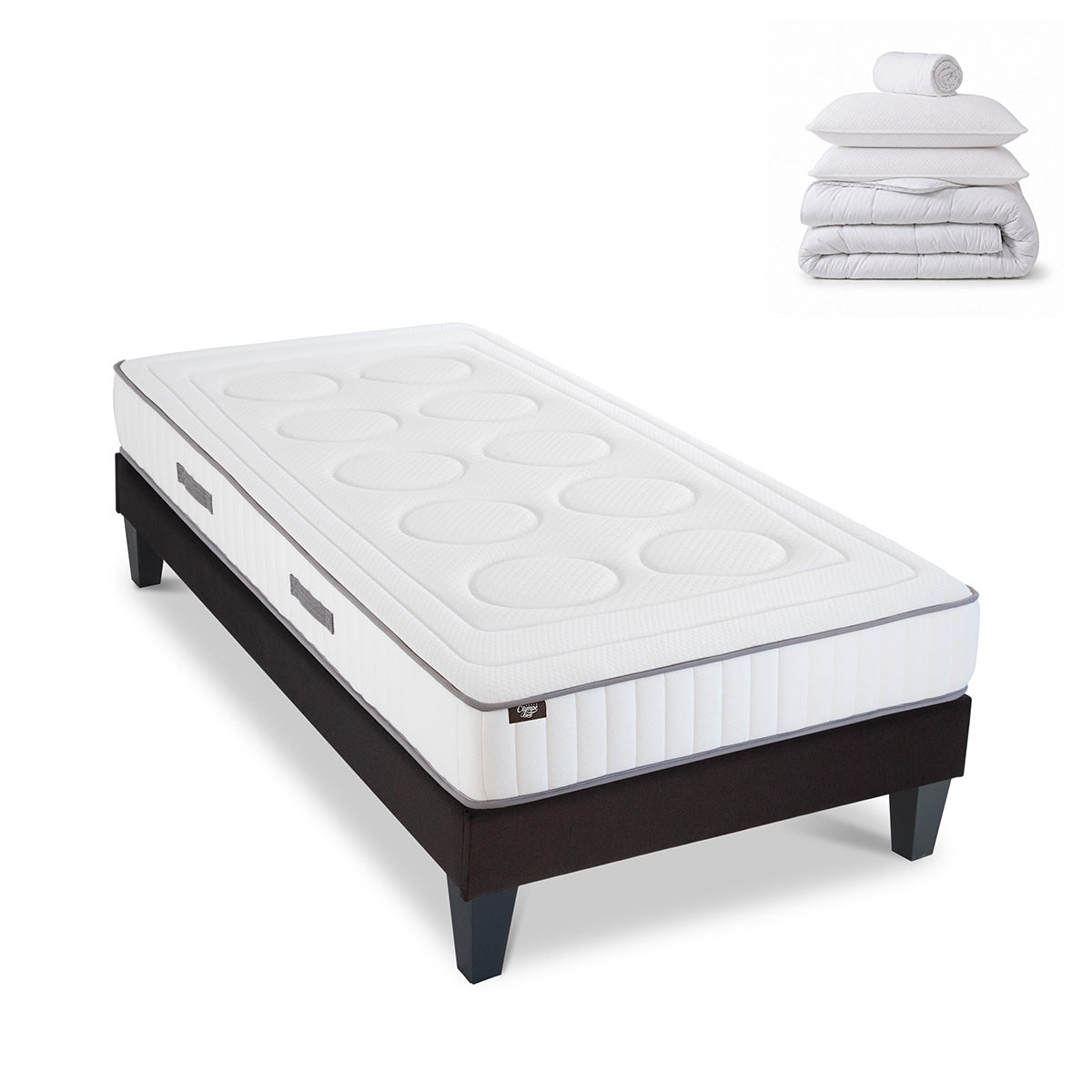 Pack prêt à dormir Cristal - Matelas + Sommier + Couette, oreillers, protège-matelas - 18 cm d'épaisseur