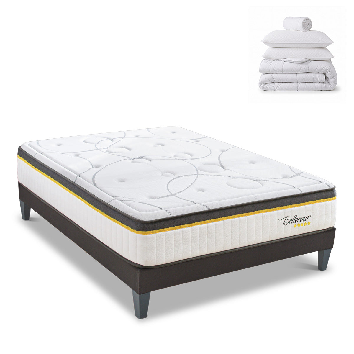Pack prêt à dormir Bellecour 3.0 - Matelas + Sommier + Couette, oreillers, protège-matelas - 30 cm d'épaisseur