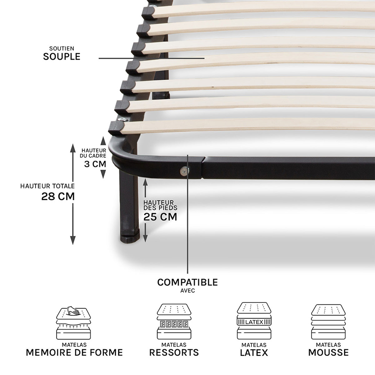 Ensemble Matelas Mémoire de forme CRISTAL avec Cadres à lattes