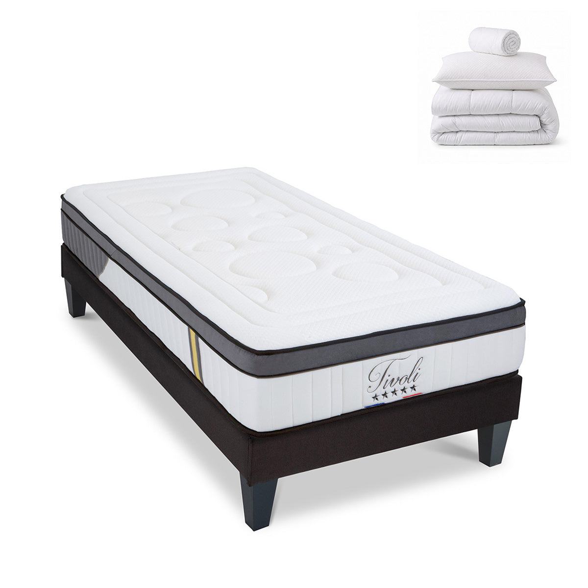 Pack prêt à dormir Tivoli - Matelas + Sommier + Couette, oreillers, protège-matelas - 25 cm d'épaisseur
