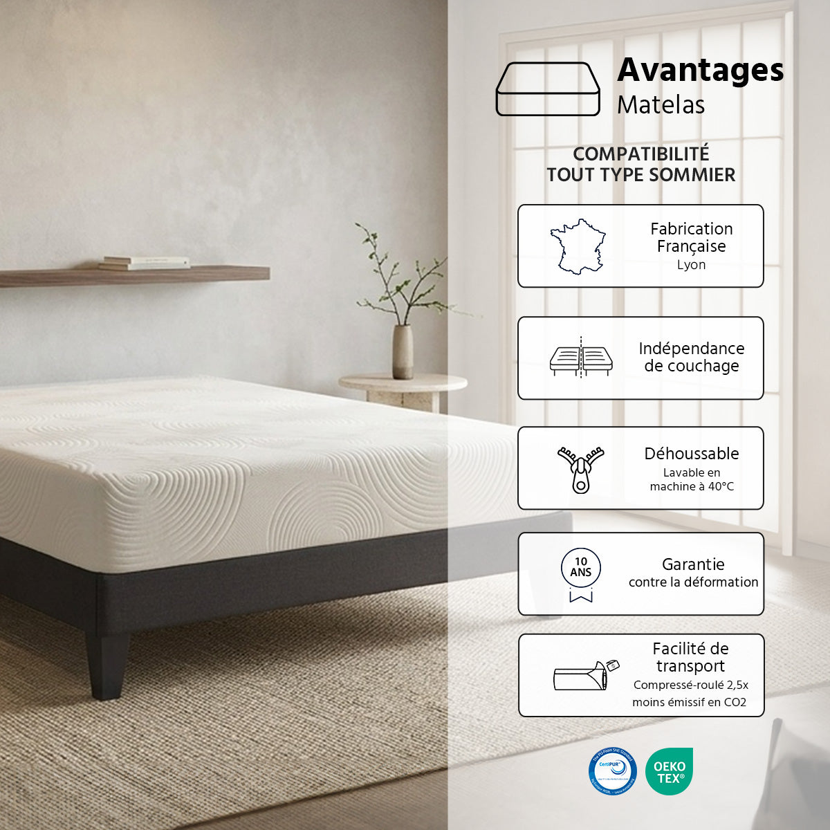 Matelas Hera - Mousse mémoire de forme - Fabriqué en France - 24 cm d'épaisseur - Accueil moelleux, soutien mi-ferme