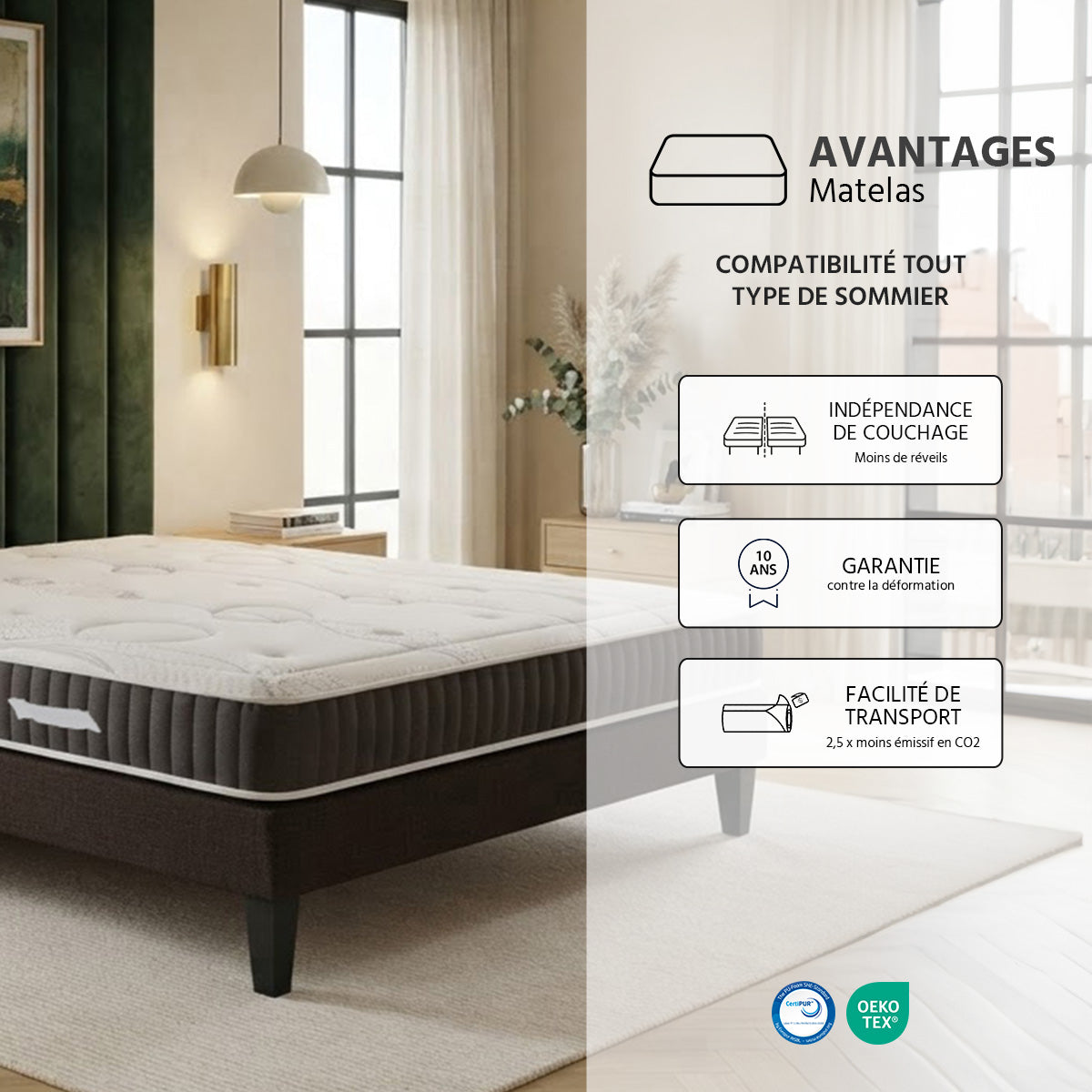 Pack prêt à dormir Intuition - Matelas + Sommier + Couette, oreillers, protège-matelas - 15 cm d'épaisseur