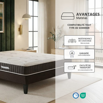 Pack prêt à dormir Intuition - Matelas + Sommier + Couette, oreillers, protège-matelas - 15 cm d'épaisseur