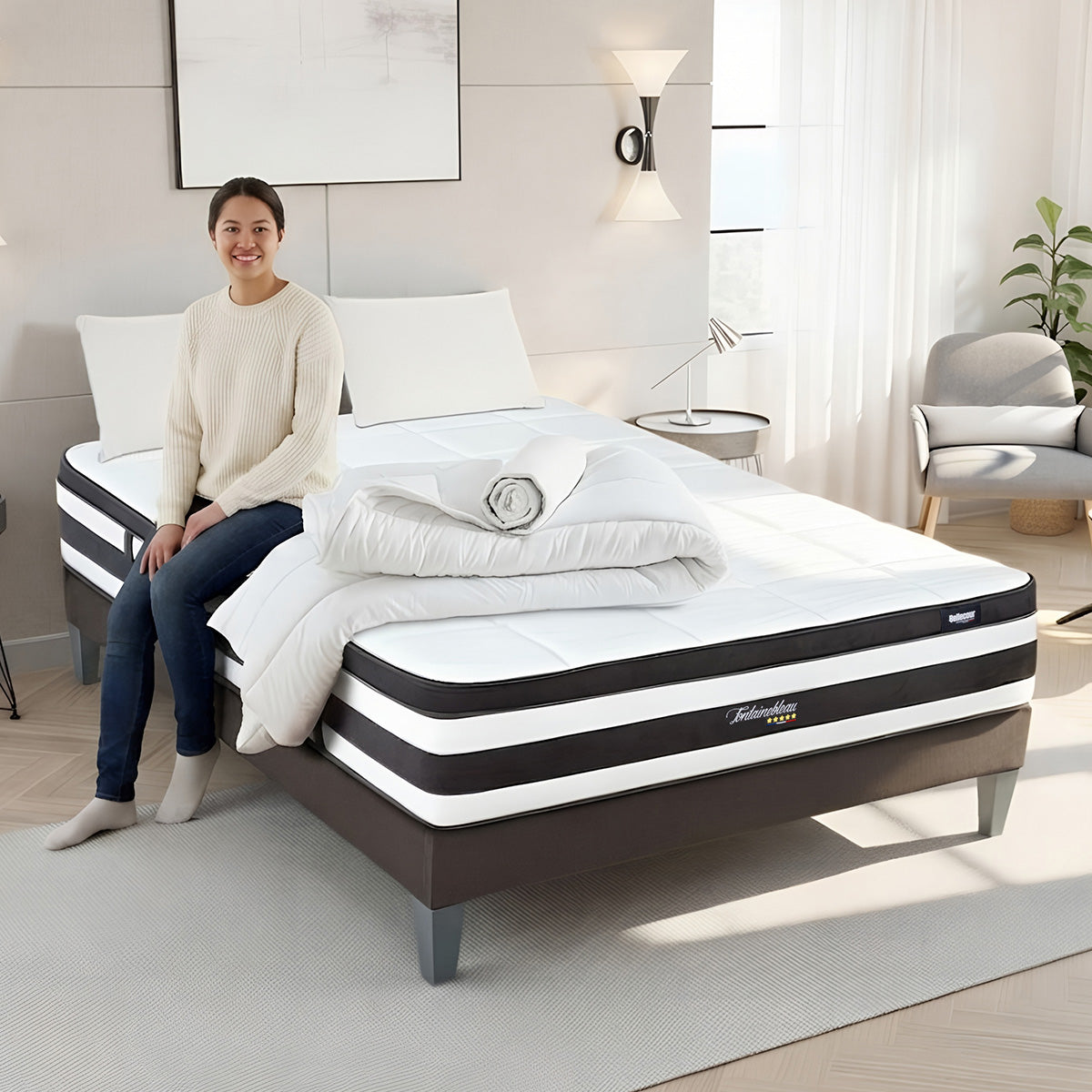 Pack Fontainebleau - Matelas + Sommier + Accessoires - La chambre équipée en une fois - 25 cm d'épaisseur