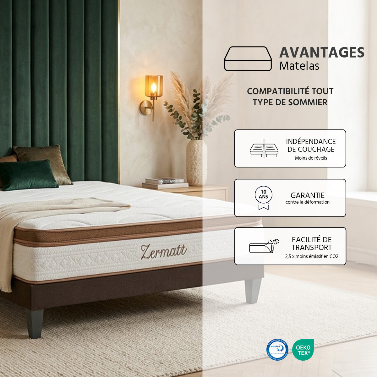 Pack prêt à dormir Zermatt - Matelas + Sommier + Couette, oreillers, protège-matelas - 31 cm d'épaisseur