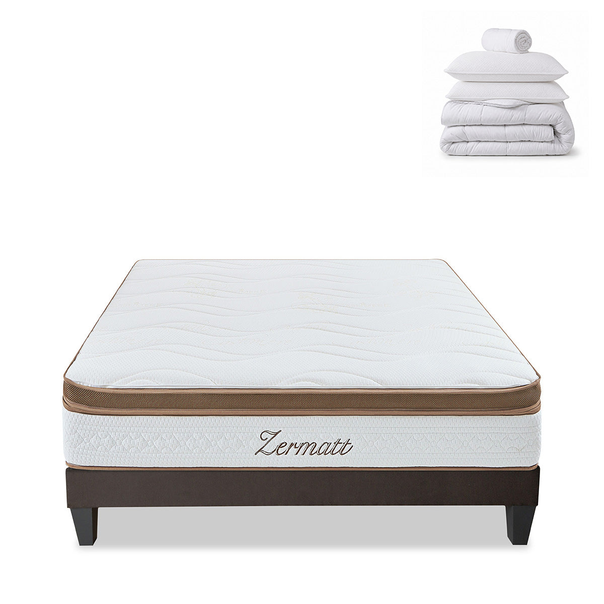 Pack prêt à dormir Zermatt - Matelas + Sommier + Couette, oreillers, protège-matelas - 31 cm d'épaisseur