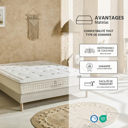 Ensemble Prélude 2.0 - Matelas latex 100 % naturel + Sommier - 25 cm d'épaisseur - Accueil moelleux, soutien mi-ferme
