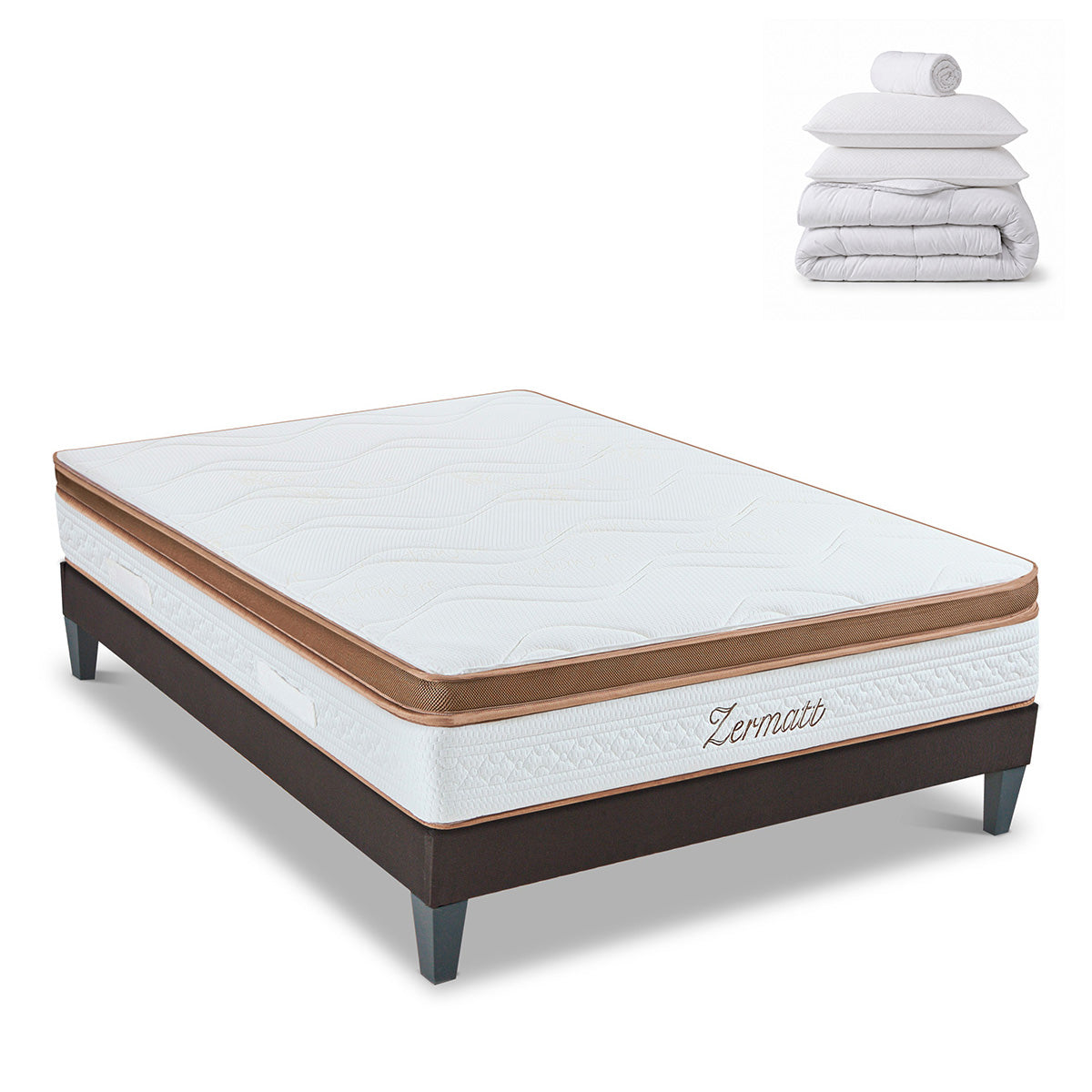 Pack prêt à dormir Zermatt - Matelas + Sommier + Couette, oreillers, protège-matelas - 31 cm d'épaisseur