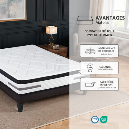 Matelas Bellevue - Ressorts ensachés + mémoire de forme - 24 cm d'épaisseur - Accueil équilibré, soutien ferme